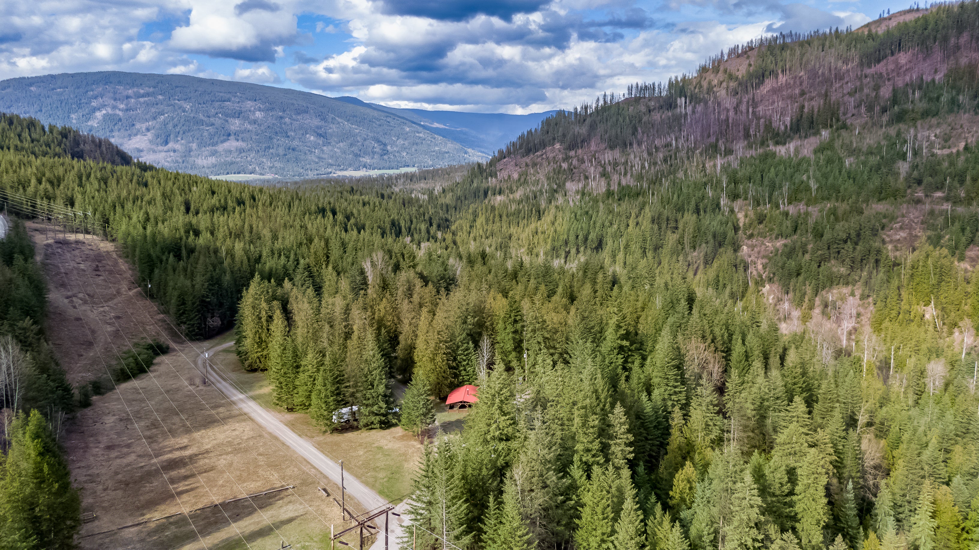 Aerial shot of Gold Panner Campground - a valley filled with coniferous trees and a cabin with a red roof showing through a clearing.